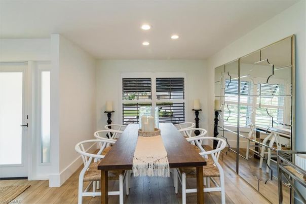 Dining room, Interior, Recessed Lighting, Wood Texture Flooring