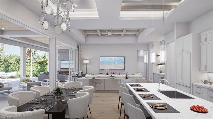 Dining room, Interior, Kitchen, Living room, Pendant Lights, Wooden Ceilings, Wood Texture Flooring