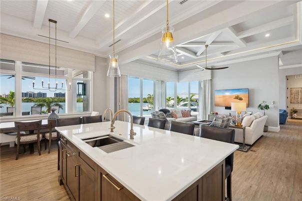 Dining room, Interior, Kitchen, Living room, Pendant Lights, Recessed Lighting, Water, Wood Texture Flooring