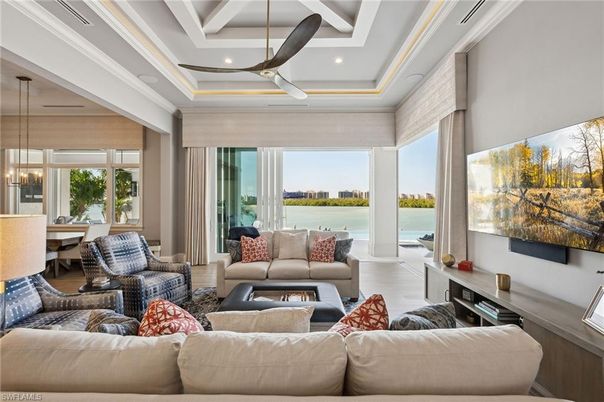 Dining room, Interior, Living room, Pendant Lights, Recessed Lighting, Water, Wood Texture Flooring