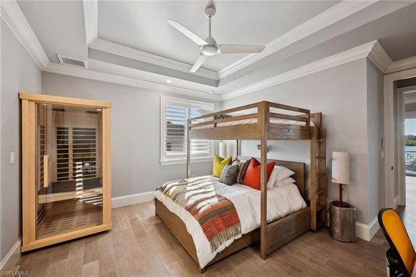 Bedroom, Interior, Recessed Lighting, Wood Texture Flooring
