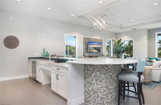 Interior, Kitchen, Pendant Lights, Recessed Lighting, Tile Countertops, Wood Texture Flooring