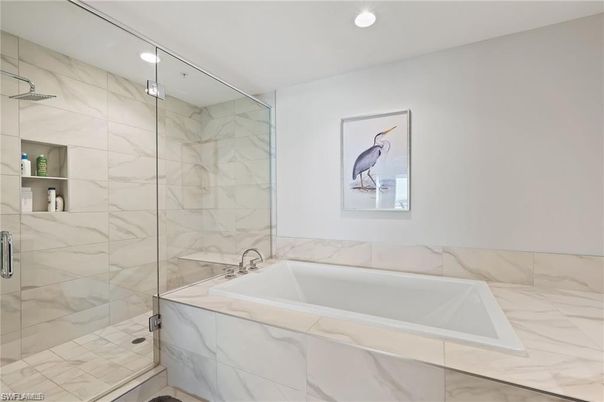 Bathroom, Glass Shower, Interior, Marble Walls, Recessed Lighting