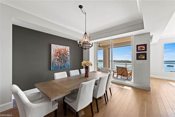 Dining room, Interior, Pendant Lights, Water, Wood Texture Flooring