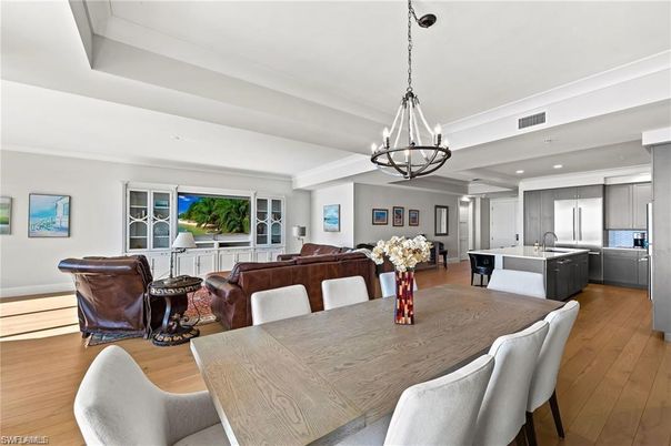 Chandelier, Dining room, Interior, Kitchen, Living room, Pendant Lights, Recessed Lighting, Wood Texture Flooring