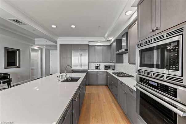 Interior, Kitchen, Recessed Lighting, Stainless Steel Appliances, Wood Texture Flooring