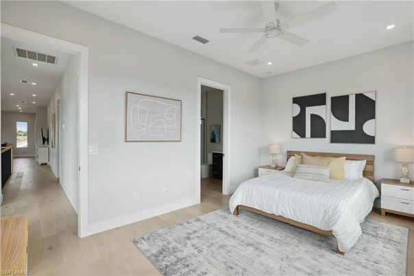 Bedroom, Interior, Recessed Lighting, Wood Texture Flooring