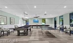 Billiard Table, Game Room, Interior, Pendant Lights, Recessed Lighting, Wood Texture Flooring