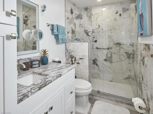 Bathroom, Glass Shower, Interior, Marble Walls, Recessed Lighting