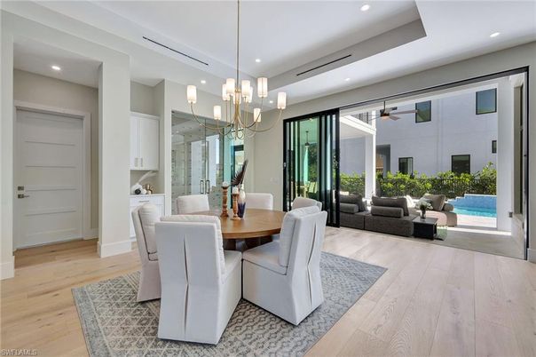 Chandelier, Dining room, Interior, Living room, Pendant Lights, Recessed Lighting, Wood Texture Flooring