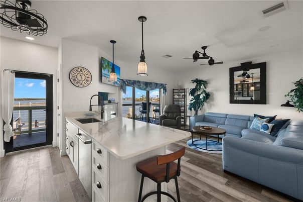 Interior, Kitchen, Living room, Pendant Lights, Recessed Lighting, Water, Wood Texture Flooring