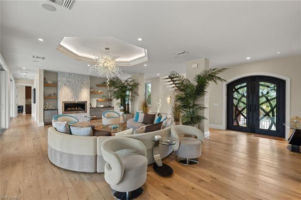 Fireplace, Interior, Living room, Recessed Lighting, Wood Texture Flooring