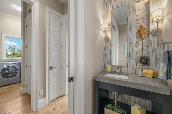 Bathroom, Interior, Washer, Wood Texture Flooring