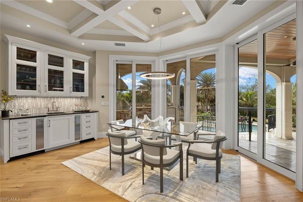 Dining room, Interior, Pendant Lights, Recessed Lighting, Wood Texture Flooring