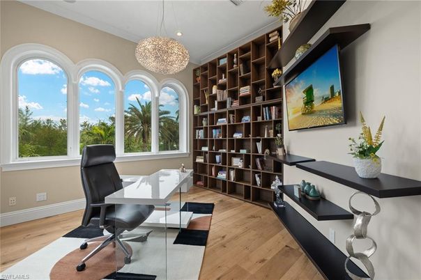 Home Office, Interior, Pendant Lights, Recessed Lighting, Wood Texture Flooring