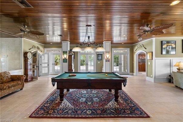 Billiard Table, Game Room, Interior, Pendant Lights, Recessed Lighting, Wooden Ceilings