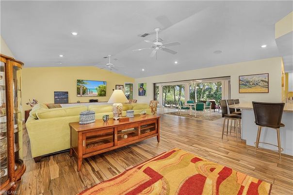 Dining room, Interior, Living room, Recessed Lighting, Wood Texture Flooring