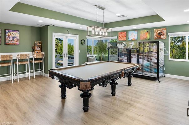Billiard Table, Game Room, Interior, Pendant Lights, Recessed Lighting, Wood Texture Flooring