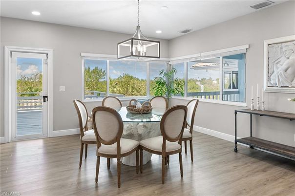 Dining room, Interior, Pendant Lights, Recessed Lighting, Wood Texture Flooring