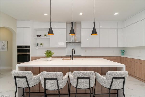 Interior, Kitchen, Marble, Pendant Lights, Recessed Lighting, Stainless Steel Appliances