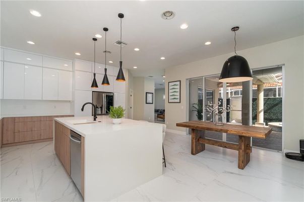 Interior, Kitchen, Marble, Pendant Lights, Recessed Lighting, Stainless Steel Appliances