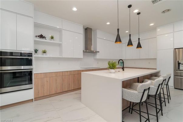 Interior, Kitchen, Marble, Pendant Lights, Recessed Lighting, Stainless Steel Appliances