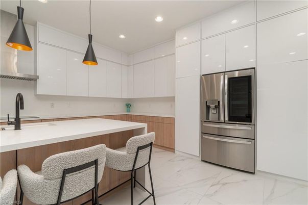 Interior, Kitchen, Marble, Pendant Lights, Recessed Lighting, Stainless Steel Appliances