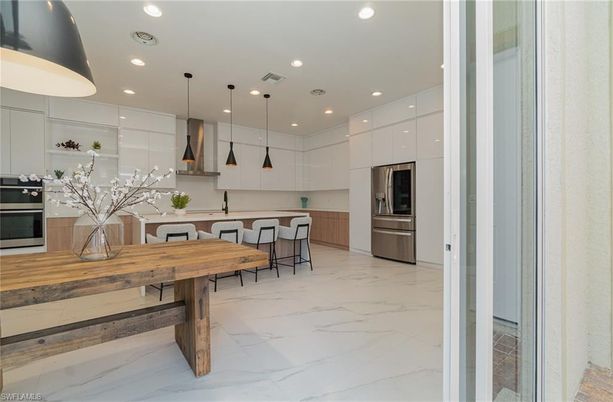 Interior, Kitchen, Marble, Pendant Lights, Recessed Lighting, Stainless Steel Appliances