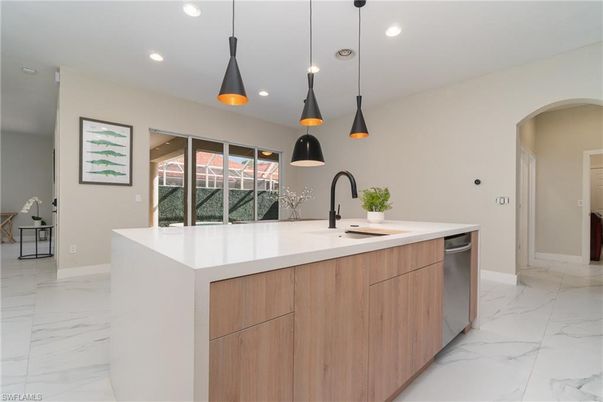 Interior, Kitchen, Marble, Pendant Lights, Recessed Lighting, Stainless Steel Appliances