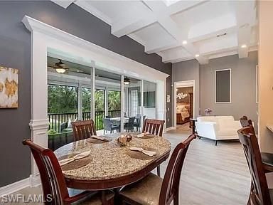 Dining room, Interior, Living room, Recessed Lighting, Wood Texture Flooring