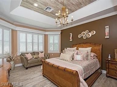 Bedroom, Chandelier, Interior, Recessed Lighting, Wood Texture Flooring