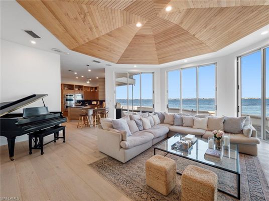 Dining room, Interior, Kitchen, Living room, Pendant Lights, Piano, Recessed Lighting, Water, Wooden Ceilings, Wood Texture Flooring