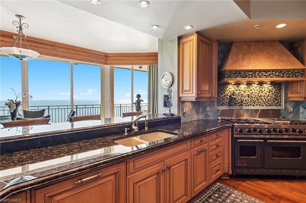 Interior, Kitchen, Pendant Lights, Recessed Lighting, Stainless Steel Appliances, Water, Wood Texture Flooring