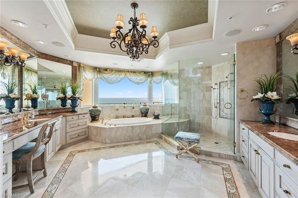 Bathroom, Chandelier, Dual Sink Vanities, Glass Shower, Interior, Recessed Lighting, Water