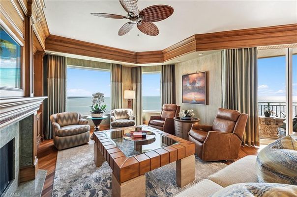 Fireplace, Interior, Living room, Recessed Lighting, Water, Wood Texture Flooring