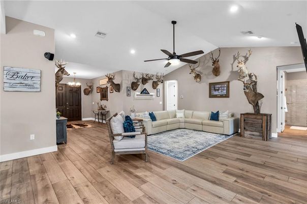 Interior, Living room, Pendant Lights, Recessed Lighting, Wood Texture Flooring