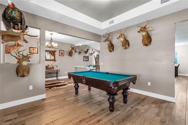 Billiard Table, Chandelier, Game Room, Interior, Wood Texture Flooring