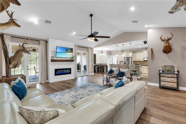 Fireplace, Interior, Kitchen, Living room, Pendant Lights, Recessed Lighting, Wood Texture Flooring