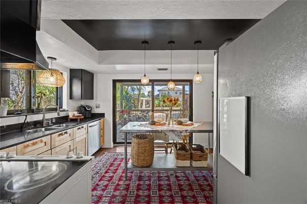 Dining room, Interior, Kitchen, Pendant Lights, Wood Texture Flooring