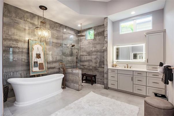 Bathroom, Dual Sink Vanities, Free Standing Baths, Glass Shower, Interior, Pendant Lights, Recessed Lighting