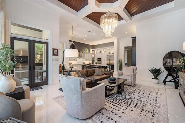 Chandelier, Interior, Kitchen, Living room, Pendant Lights, Recessed Lighting, Stainless Steel Appliances, Wooden Ceilings