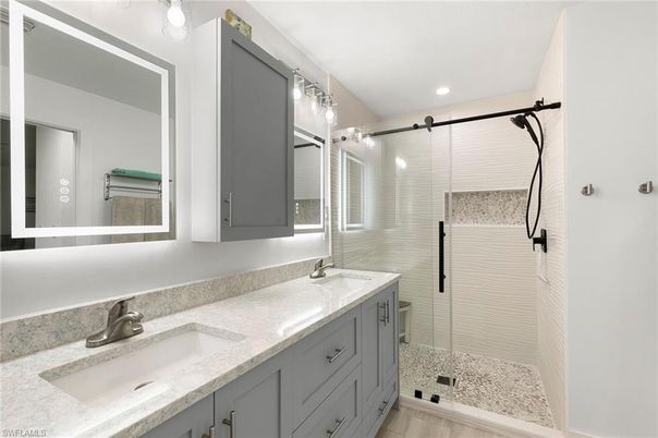Bathroom, Dual Sink Vanities, Glass Shower, Interior, Recessed Lighting