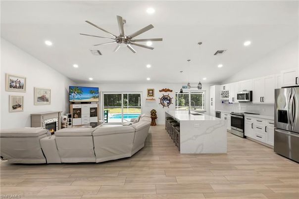 Interior, Kitchen, Living room, Pendant Lights, Recessed Lighting, Stainless Steel Appliances, Wood Texture Flooring