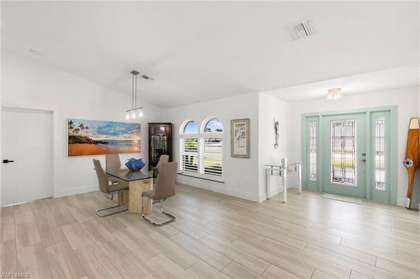 Dining room, Interior, Pendant Lights, Wood Texture Flooring