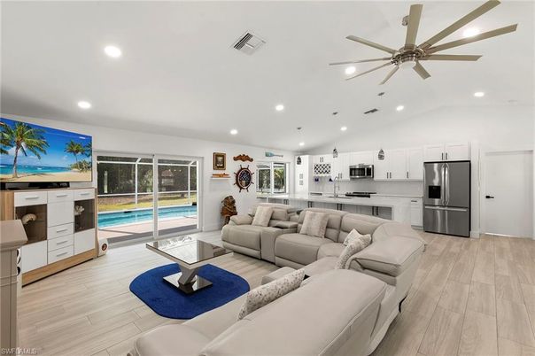Interior, Kitchen, Living room, Recessed Lighting, Stainless Steel Appliances, Wood Texture Flooring