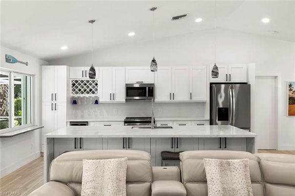 Interior, Kitchen, Living room, Pendant Lights, Recessed Lighting, Stainless Steel Appliances, Wood Texture Flooring