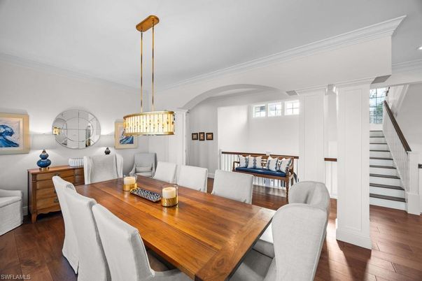 Dining room, Interior, Pendant Lights, Wood Texture Flooring