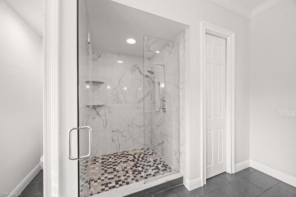 Bathroom, Glass Shower, Interior, Marble Walls, Recessed Lighting