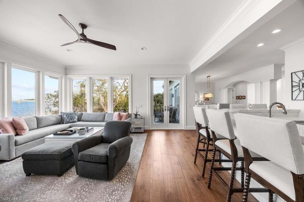 Dining room, Interior, Living room, Pendant Lights, Recessed Lighting, Water, Wood Texture Flooring