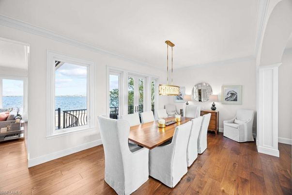 Dining room, Interior, Pendant Lights, Water, Wood Texture Flooring